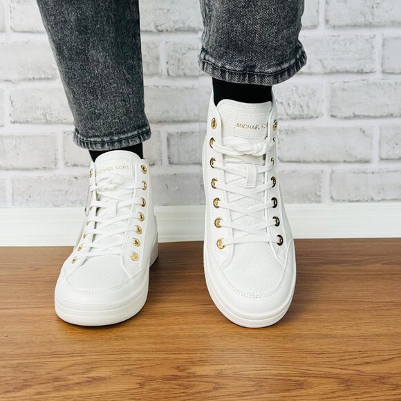 ⭐Michael Kors Shea Mid High Women Shoes Casual Sneakers 7M White Gold 49S3HFE5L⭐ - Picture 5 of 12